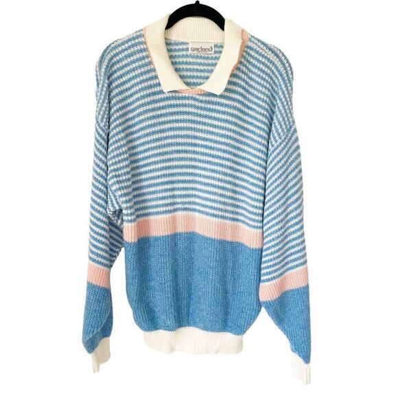 Vintage Garland Made in USA Striped Knit Pullover Sweater Pink Blue Women Size L - Picture 1 of 7